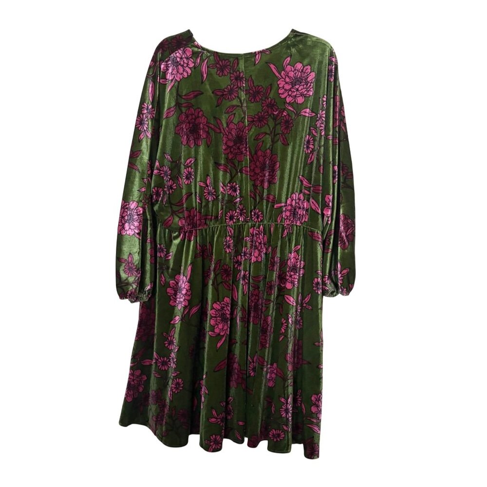 Maggy London Velvet Floral Fit Flare Dress Green Pink 3/4 Sleeve XXL Whimsigoth - Picture 3 of 5